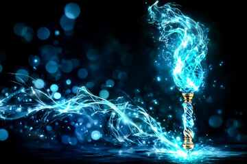 Poster - A glowing scepter floats in darkness, radiating blue light and swirling energy, creating a mystical vibe