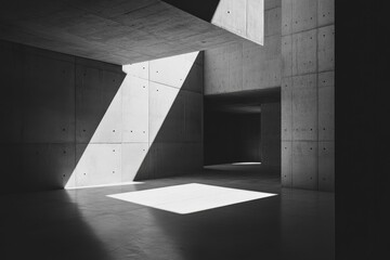 Poster - A striking image of minimalist concrete architecture, showcasing significant play of light and shadows across the surfaces, creating an abstract visual experience.