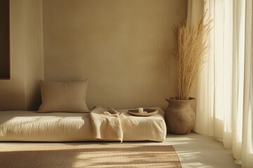 Aufkleber - A serene minimalistic room featuring a sunlit bed, a large rustic vase with pampas grass, and soft lighting creating a warm ambiance.