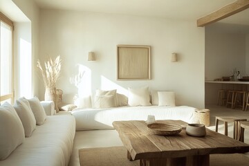 Aufkleber - Spacious and bright living room that harnesses natural light, incorporating soft white furniture and rustic elements, perfect for a peaceful family gathering space.