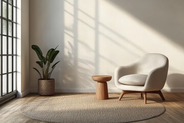 Aufkleber - A cozy armchair sits beside a wooden accent table and a potted plant, casting soft shadows on neutral tones for a relaxing, minimalistic atmosphere.