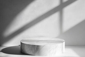 Aufkleber - This image showcases a circular marble pedestal, elegantly situated in a minimalist setting with sunbeams casting artistic shadows onto its surface and surroundings.