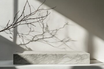 Leinwandbilder - A striking image of a marble block placed in a minimalist setting with sunlight casting shadows of branches, creating a play of light and texture.