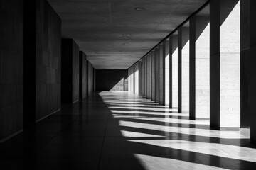 Aufkleber - A stunning monochrome corridor with strong light and shadow contrast, emphasizing sleek architectural lines and a dramatic, minimalistic atmosphere.