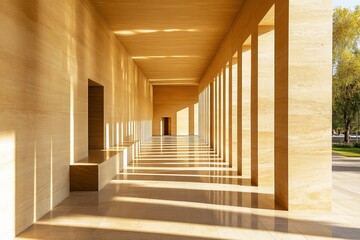 Leinwandbilder - An elegant passageway featuring natural light creating linear shadows through large openings, highlighting modern architectural design and serene ambiance.