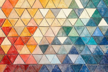 Aufkleber - Image features an array of colorful triangular tiles arranged in a gradient pattern. The tiles transition from red to yellow, green, blue, and purple hues.