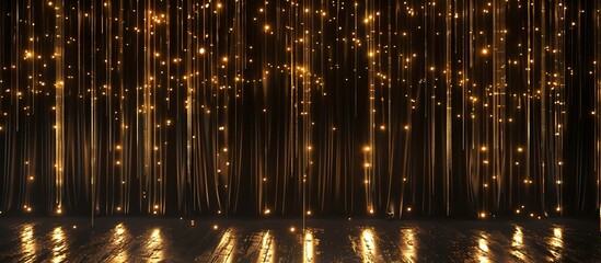 Wall Mural - Ultra realistic 3D render of a gold curtain with lights, black background, award ceremony theme, high definition.