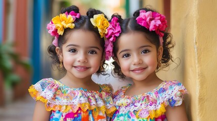 Wall Mural - Radiant Venezuelan Twin Girls Celebrating in Colorful Cultural Dresses Amidst Colonial Town's Charm