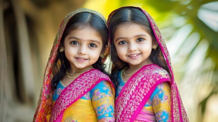 Wall Mural - Radiant Bangladeshi Twin Girls in Colorful Saris Embracing Heritage in Joyful Village Scene