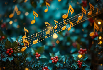 Aufkleber - Floating golden music notes against a green xmas background, creating a magical and musical atmosphere