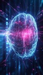 Poster - Digital Brain With Glowing Connections On Blue Background, Artificial Intelligence Concept