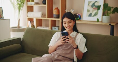 Poster - Smile, phone and relax with woman on sofa for social media, networking app and internet. Connection, contact and search with person and mobile in living room at home for communication, post and chat