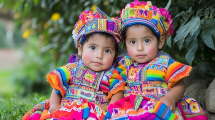 Wall Mural - Vibrant Ecuadorian Twin Children Embracing Cultural Pride in Otavalo Dress in Andean Village