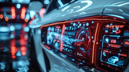 Poster - Detailed close up of an electric car's charging interface, showcasing buttons and screens, with a futuristic vibe.