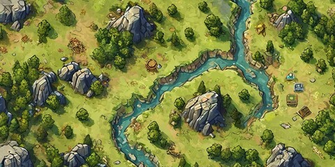 Poster - A cartoonish drawing of a river with a green forest on either side