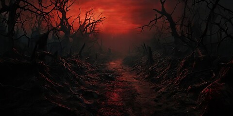 Poster - A dark forest with a red sky and a path through it