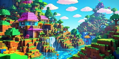 Poster - A lush green valley with a river running through it and a waterfall