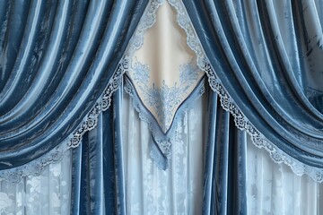 Wall Mural - Velvet blue curtains with elegant lace edges and detailed patterns, hanging from three elements against a light wallpaper background. Perfect for curtain advertisements.