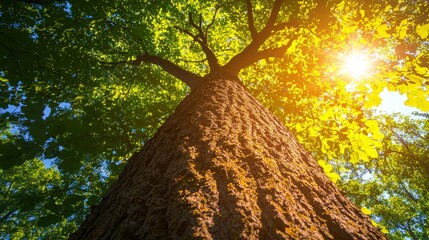Poster - Majestic towering tree in dense forest sunlit canopy nature photography vibrant greenery upward perspective serenity