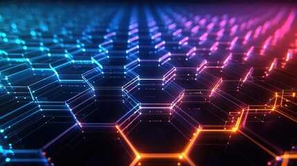 Poster - Abstract futuristic background with colorful glowing hexagons on a dark blue background, a perspective grid, and connection lines. Big data technology concept.
