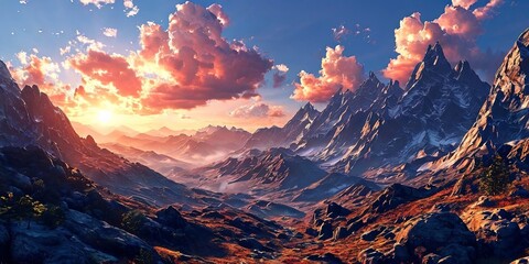 Poster - A beautiful mountain landscape with a sunset in the background