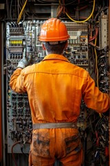 Poster - skilled technician working on control panel, maintaining industrial electrical safety system