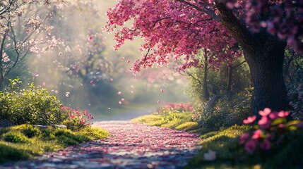 Poster - Spring blossoms transforming a serene pathway tranquil garden nature photography vibrant colors peaceful atmosphere