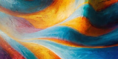 Poster - A painting of a wave with blue, yellow, and red colors