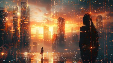 Poster - A group of young people stood in the city, gazing at the towering skyscrapers made entirely of data and code, with digital elements intertwined with the natural landscape.