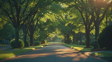 Poster - A peaceful avenue lined with green trees creates a serene atmosphere with cool tones, in summer.