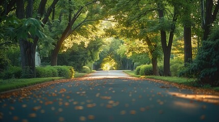 Poster - A peaceful avenue lined with green trees creates a serene atmosphere with cool tones, in summer.