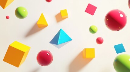 Poster - colorful geometric shapes, including spheres, cubes, and pyramids, floating against a pristine white background