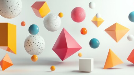 Poster - colorful geometric shapes, including spheres, cubes, and pyramids, floating against a pristine white background