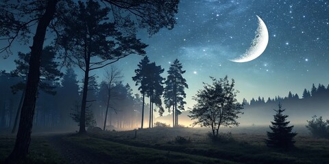 Poster - A moon is shining in the sky above a forest