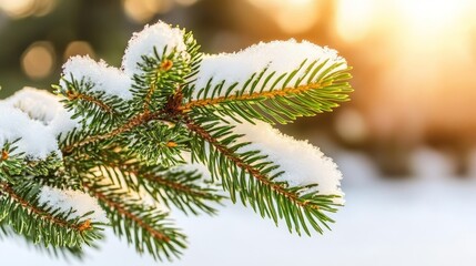 Wall Mural - Snowy Pine Branch in Winter Sunlight, Close Up of a Coniferous Tree in a Forest Landscape