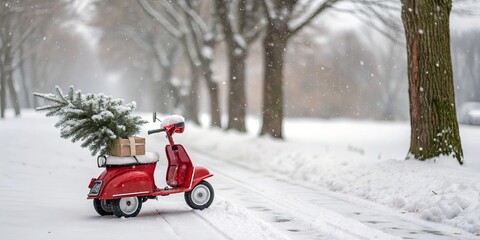 Poster - A red scooter with a Christmas tree on top of it