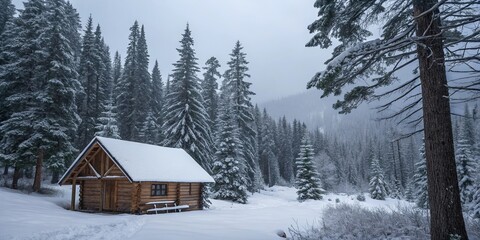 Poster - A cabin in the woods is covered in snow