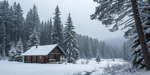 Poster - A cabin in the woods is surrounded by snow and trees