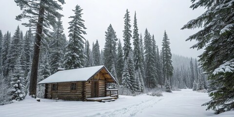 Poster - A cabin in the woods is covered in snow