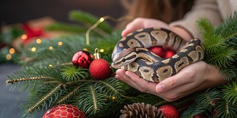 Poster - A person is holding a snake in their hands, with a Christmas tree