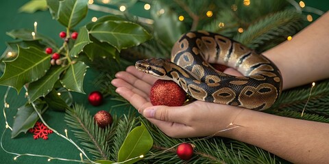 Poster - A person is holding a snake and a red ball