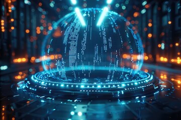 Fototapete - A large ring of holograms in the space displays economic data and stock charts related to data science and networking. The data center is blurred in the background.