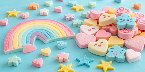 Aufkleber - A rainbow is on a blue background with a bunch of hearts
