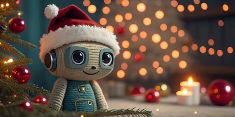 Poster - A robot is sitting under a Christmas tree with a red hat on