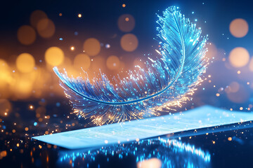 Poster - A glowing blue feather is surrounded by warm, shimmering bokeh, creating a magical ambiance