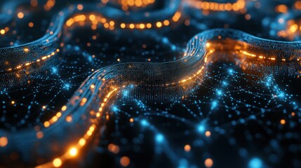 Poster - blockchain technology in a 3d format, depicting multiple layers of linked chains with luminous spher