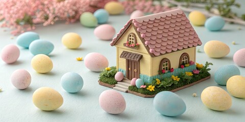 Aufkleber - A house made of candy eggs is surrounded by a field of eggs