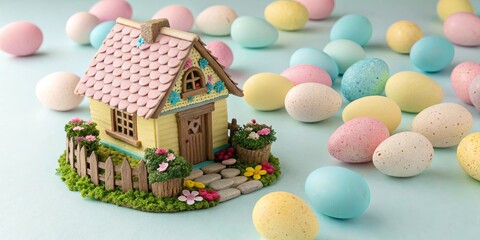 Aufkleber - A small house with a pink roof is sitting in front of a pile of Easter eggs