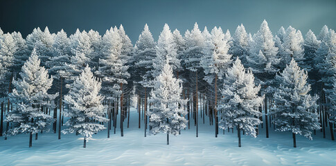 Poster - A forest of tremendous pine trees covered by snow, with a lot of space and deep between them.