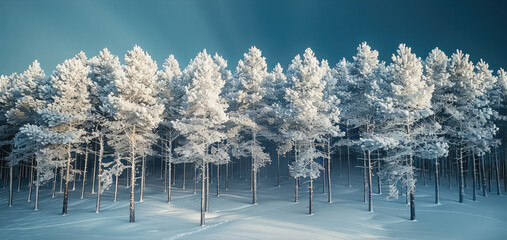 Poster - A forest of tremendous pine trees covered by snow, with a lot of space and deep between them.